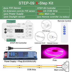 Smart Stair Lighting Kit - COB LED Strip with PIR Motion Sensor, Step-by-Step Dimming