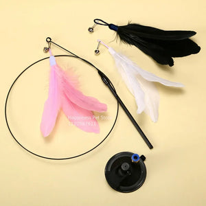 Cat Toy, Teasing Stick with Bell, Extendable Rod with Suction Cup, Durable and Bite-Resistant Teasing Tool, Replaceable Feather Head