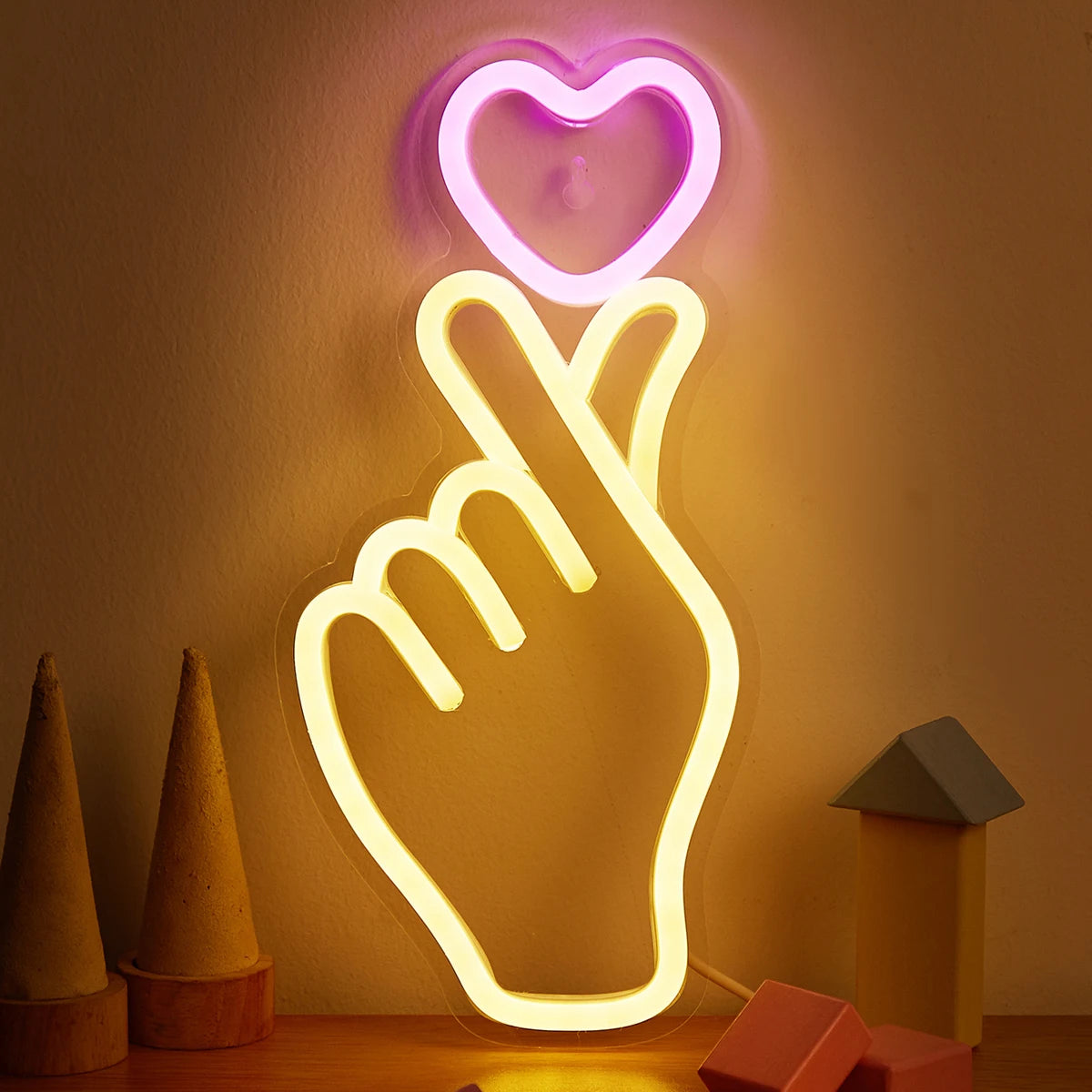 Chi-buy LED-Neonschild „Hand und Herz“, USB-betrieben, 3D-Nachtlicht, Wandkunst, Dekoration für Schlafzimmer, Spielzimmer und Wohnzimmer