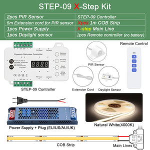 Smart Stair Lighting Kit - COB LED Strip with PIR Motion Sensor, Step-by-Step Dimming