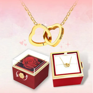 Rotating necklace with customizable double heart pendant, eternal rose and engraved name. Ideal gift for Valentine's Day, wedding, girlfriend or Christmas.