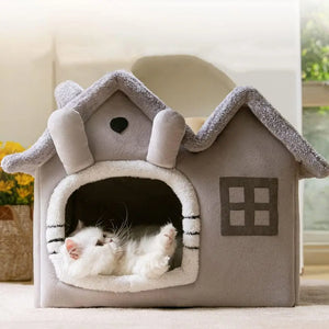 Double Roof Dog or Cat House - Foldable and Cozy Kennel, 30D Memory Foam, Removable Cushion and Non-Slip Bottom