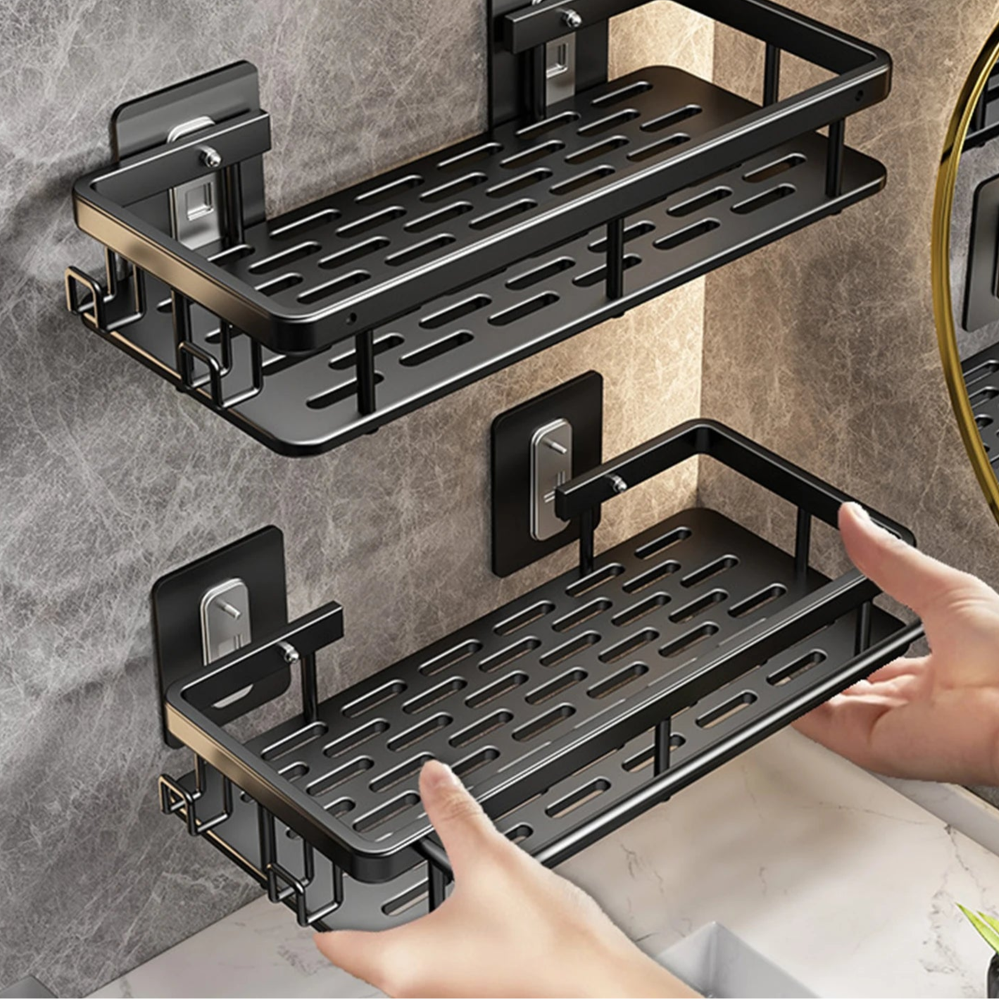 No Drilling Bathroom Shelf - Wall Mounted Shampoo Bottle Holder, Corner Shower Caddy &amp; Toilet Storage, Aluminum Bathroom &amp; Kitchen Accessories