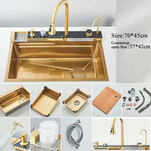 304 Stainless Steel Kitchen Sink with Waterfall -
 Large Integrated Tub, Digital Faucet, Soap Dispenser and Cup Washer