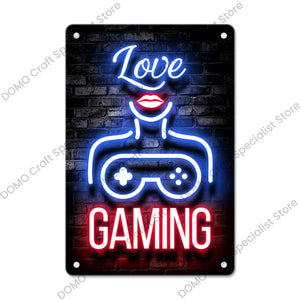 Plaque Métallique Néon Gaming – Déco Murale Rétro