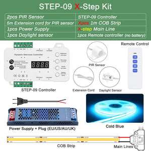 Smart Stair Lighting Kit - COB LED Strip with PIR Motion Sensor, Step-by-Step Dimming