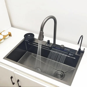 Premium Stainless Steel Kitchen Sink with LED Waterfall Faucet – Large Single Bowl