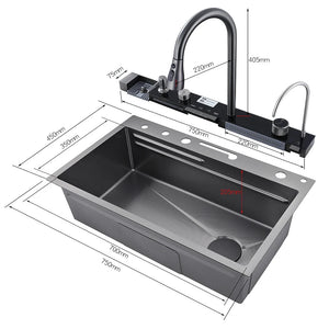 Küchenspüle aus Edelstahl 304 mit Wasserfall -
 Großes integriertes Tablett, digitaler Wasserhahn, Seifenspender und Tassenspüler