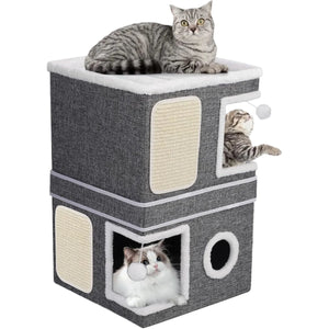 Indoor Cat House - Cat Cave Separable into 2 Large Beds, Hidden Condos with Hanging Balls, Cube for Multiple Cats or Kittens