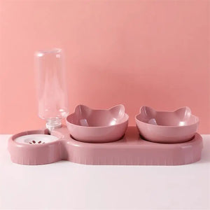 3-in-1 Automatic Cat Bowl, Cat and Dog Food Bowl with Water Fountain, Raised Double Bowl with Drinking Stand, Cat Bowls