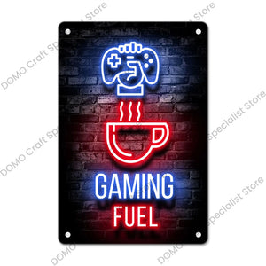 Plaque Métallique Néon Gaming – Déco Murale Rétro